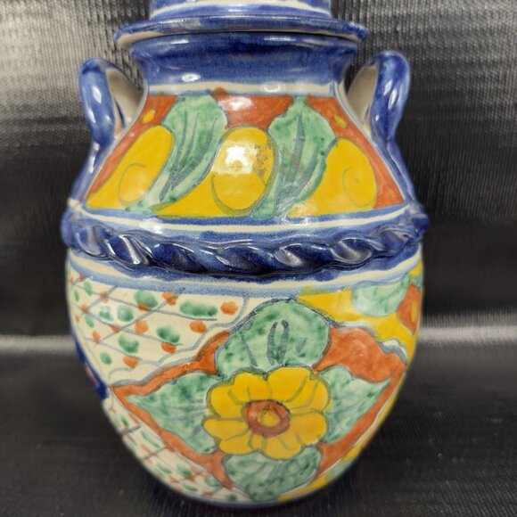 Hand Made Mexican Pottery Talavera Large Jug Container Cookie Jar W Lid Vintage - Picture 6 of 15